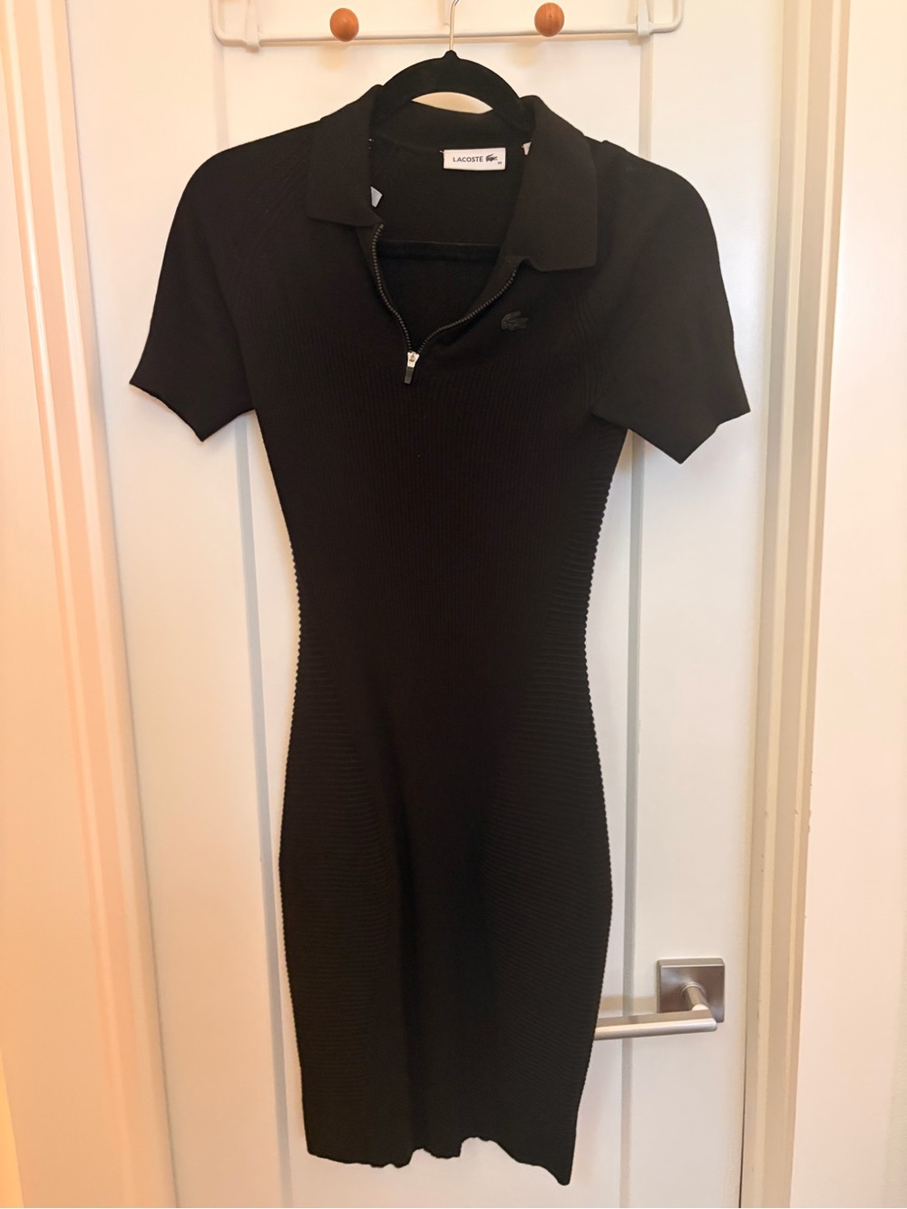 Lacoste Black Short-Sleeve Ribbed Polo Midi Dress with Zip Collar